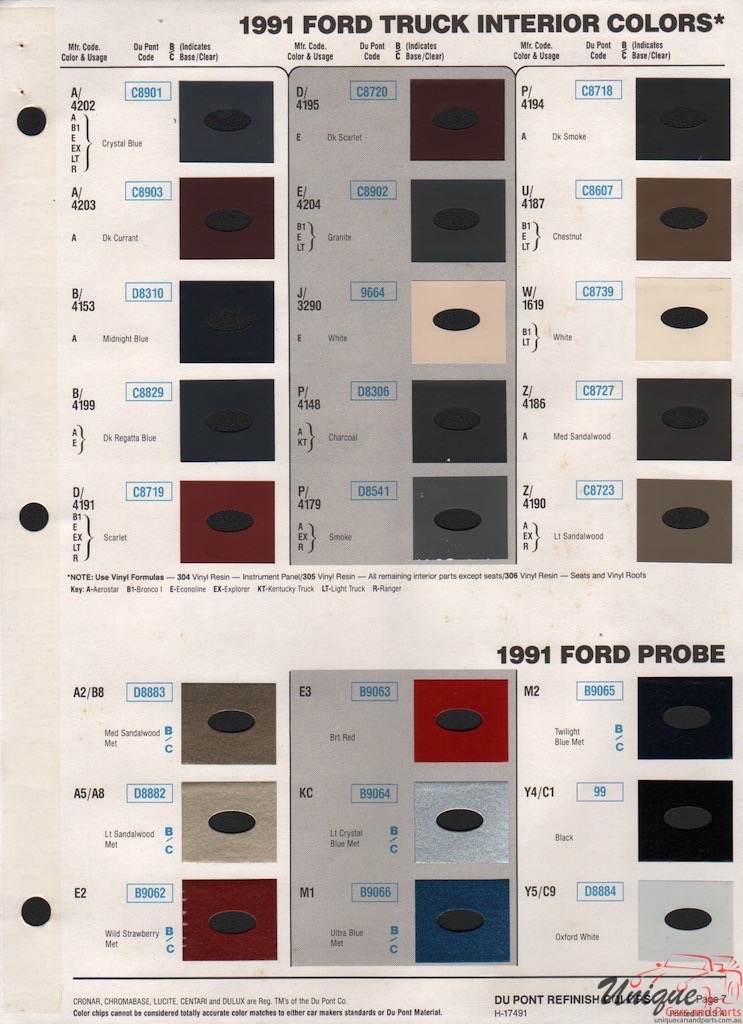 1991 Ford Probe Capri Paint Charts DuPont